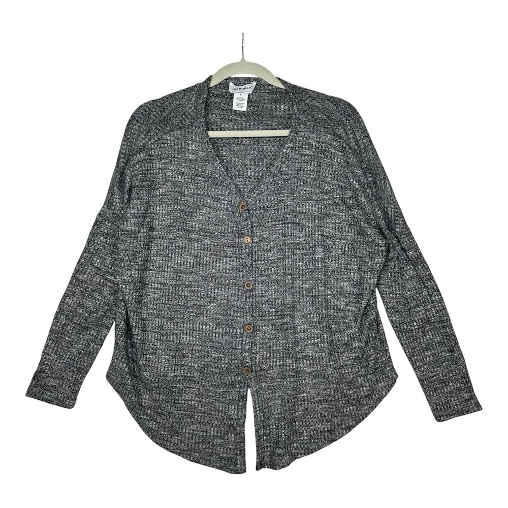 Republic Waffle Knit Cardigan Top Gray Marled Button Down Slouchy Split Hem Sz S